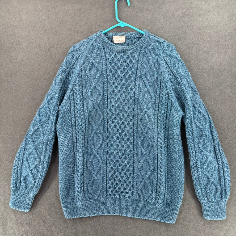 VTG Hand Knit by Helen Wall Fisherman Sweater Cable Knit Men's XL / L Blue READ